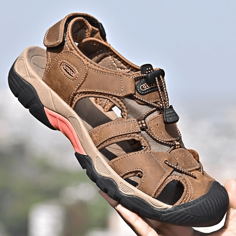 Outdoor Genuine Leather Tactical Trekking Sandals for Men with cow leather upper, rubber outsole, and low heel. Model SF0669.